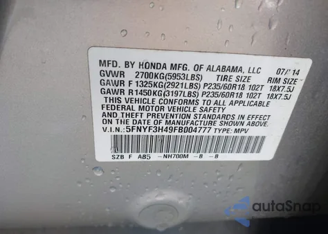 2015 Honda Pilot Ex from USA, damaged, VIN 5FNYF3H49FB004777